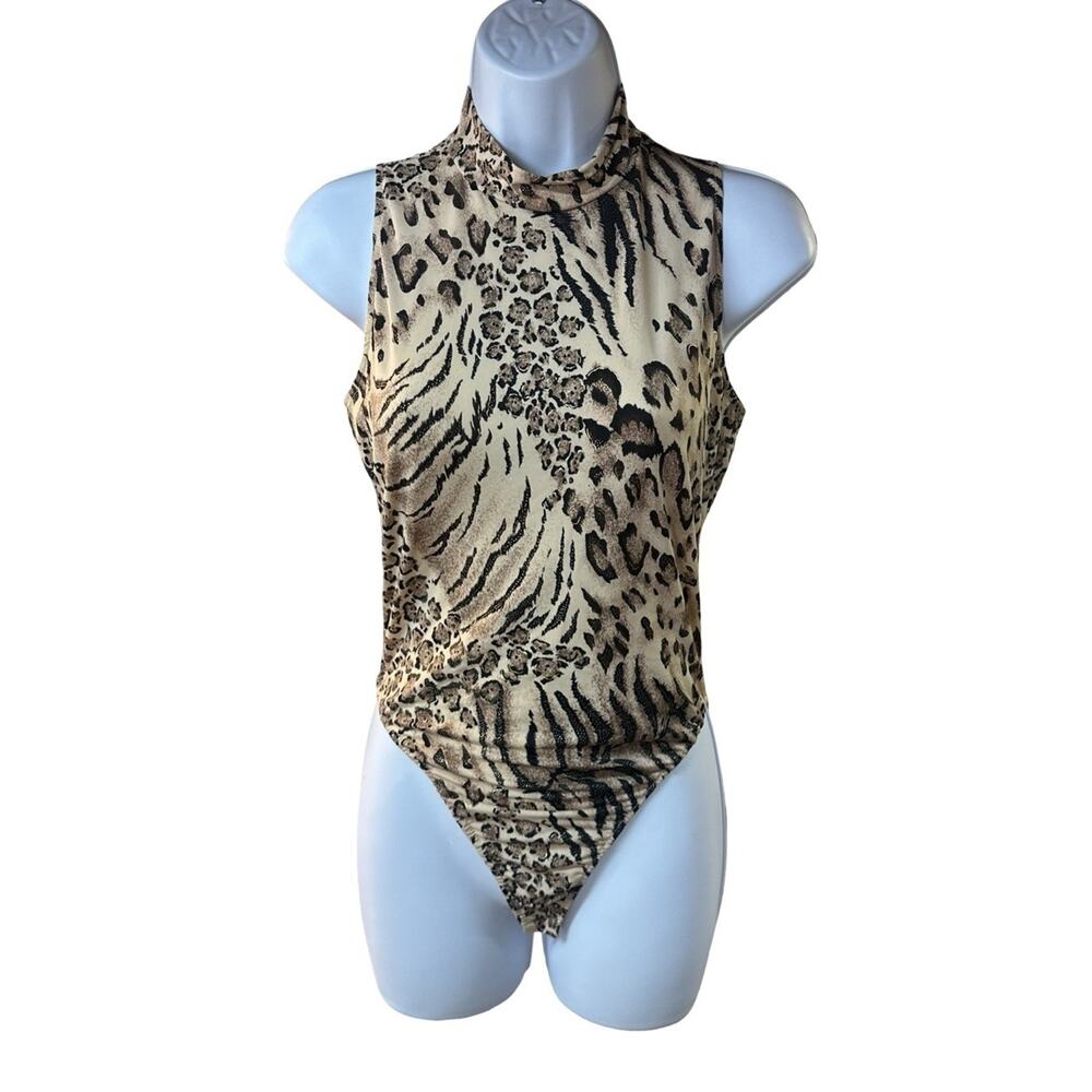 Cache Leopard Print Bodysuit Mock Neck Sleeveless Thong Y2K Stretch Top